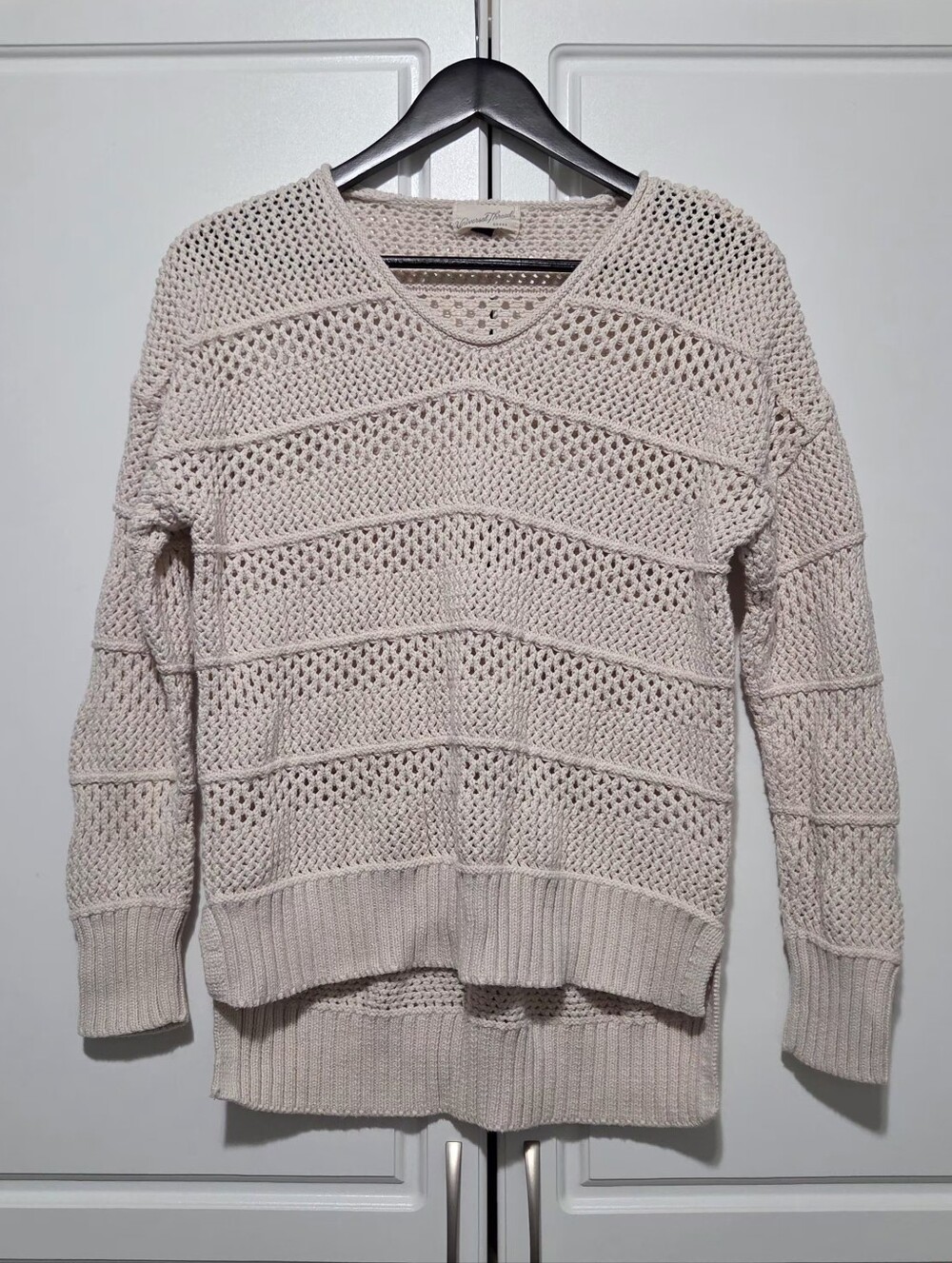 Universal Thread Womens Cream Cotton Crochet Open Knit High Low Pullover Sweater